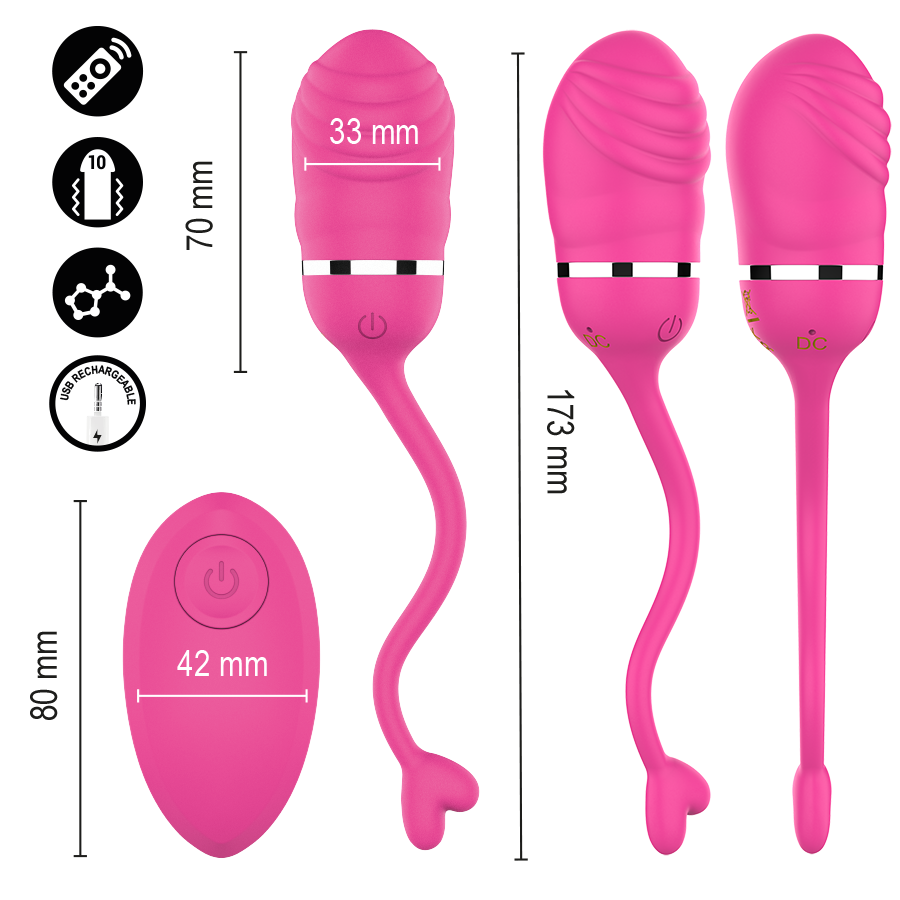 Guía de medidas del huevo vibrador Intense Sookie rosa con mando a distancia y varias vistas.