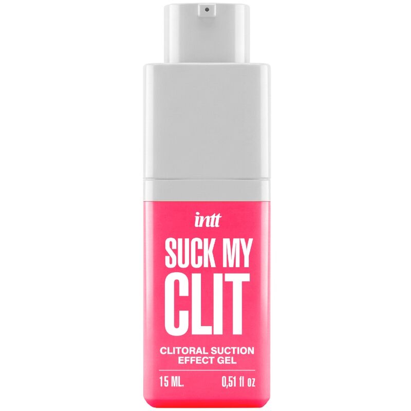 INTT For Her Suck My Clit en frasco rosa con tapón gris, vista frontal.
