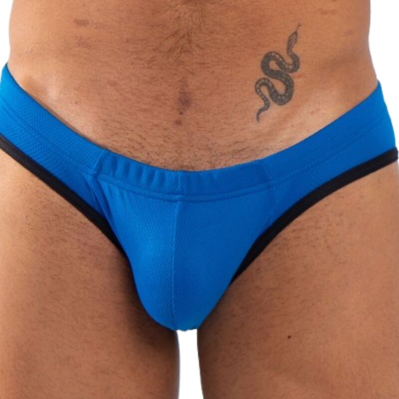 Slip masculino BURN 018 azul en detalle frontal, con ribetes negros.