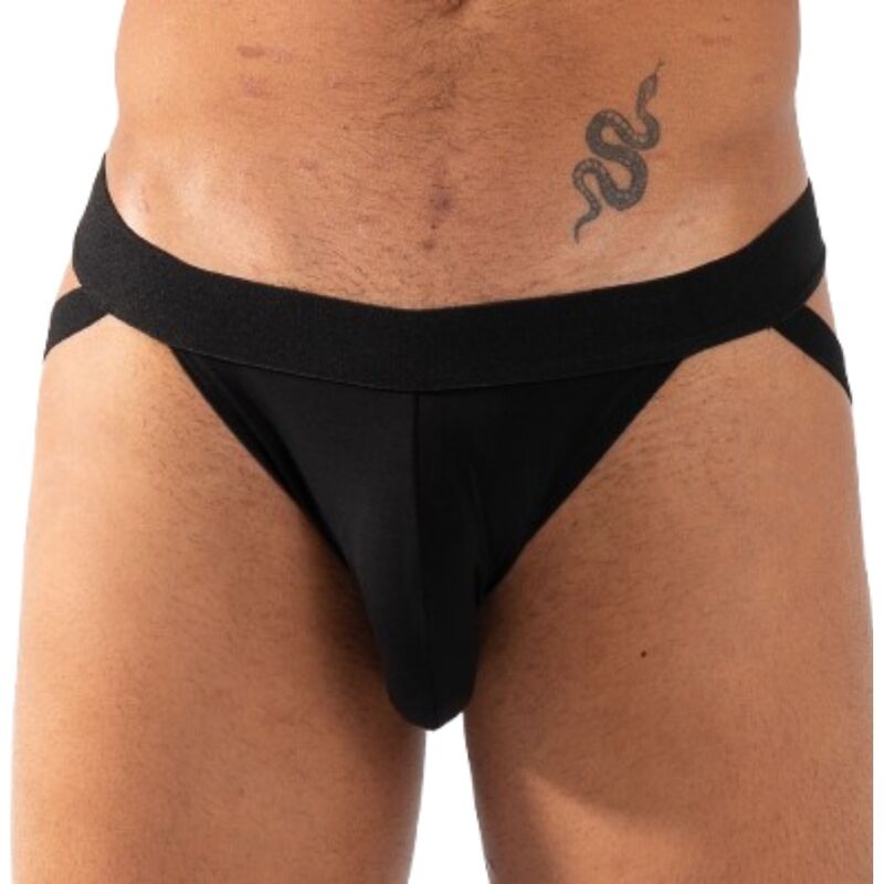 BURN 011 Double Black jockstrap negro en vista frontal sobre modelo masculino.