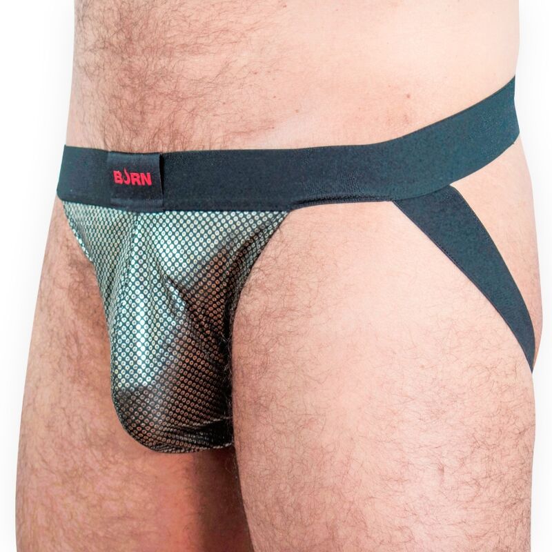 Detalle del jockstrap BURN Studio 54 en negro y malla frontal.