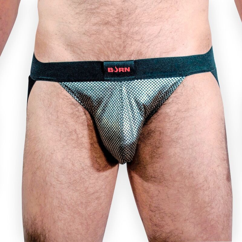 Jockstrap BURN Studio 54 en vista frontal, con cintura oscura y bolsa estampada.