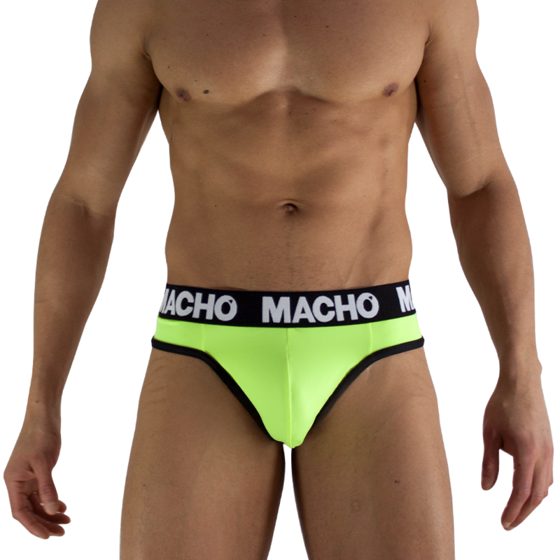 Jockstrap fluorescente amarillo de Macho Underwear, vista frontal en modelo masculino.