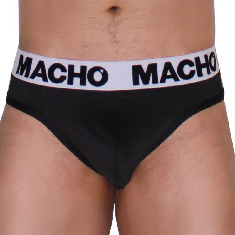 Detalle frontal de la tanga jockstrap negra Macho Underwear con cintura blanca con logo.