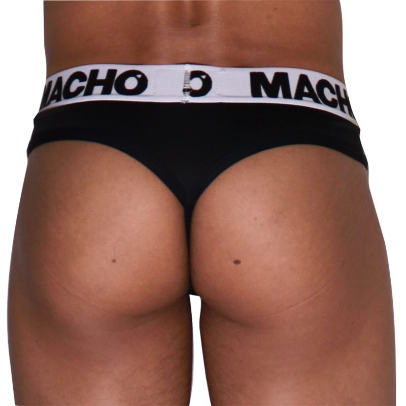 Macho Underwear MTG002 tanga jockstrap negra, vista trasera con cintura blanca