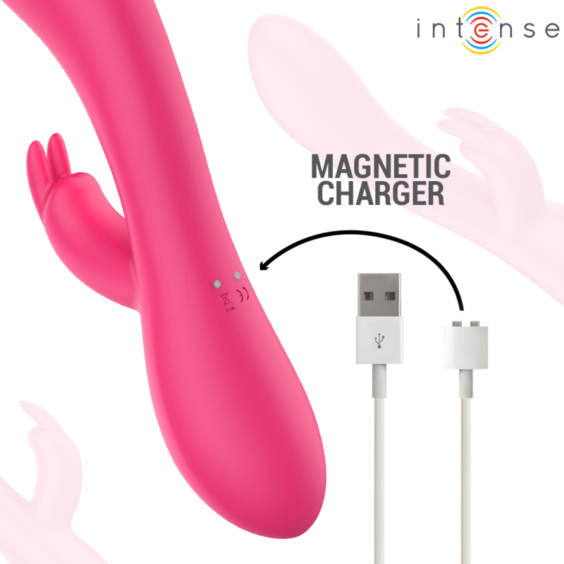 Detalle del vibrador rabbit Intense Tammy con conector de carga magnética y cable USB.