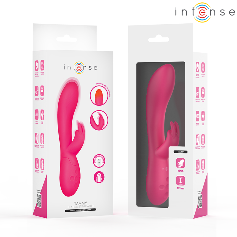 Caja del producto Intense Tammy con el vibrador rabbit rosa en la portada.