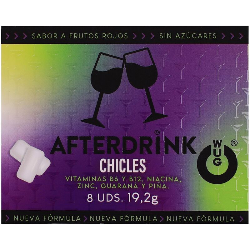 Blíster de Wug Gum After Drink, con diseño morado y verde y dos copas en la portada.