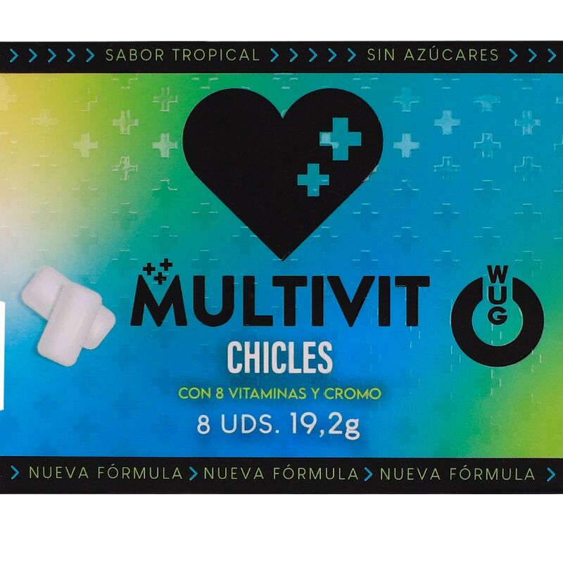 Caja del producto Wug Gum Multivit, con 8 chicles y diseño azul verdoso.
