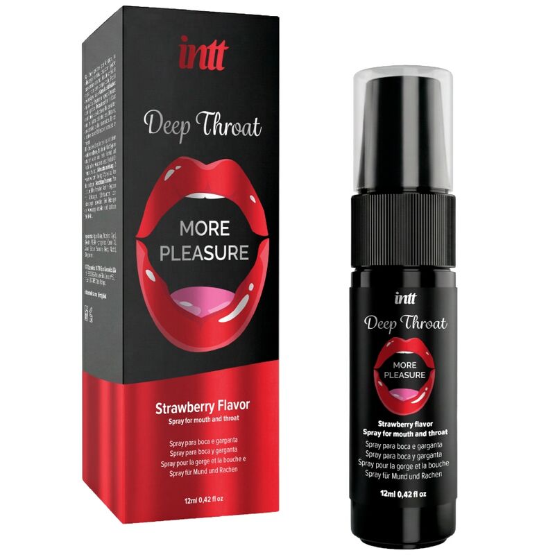 INTT Deep Throat More Pleasure spray oral sabor fresa con caja y envase negros.