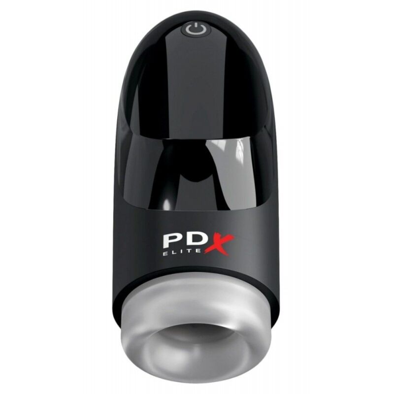 Masturbador automático PDX Elite negro, vista frontal con abertura plateada inferior.