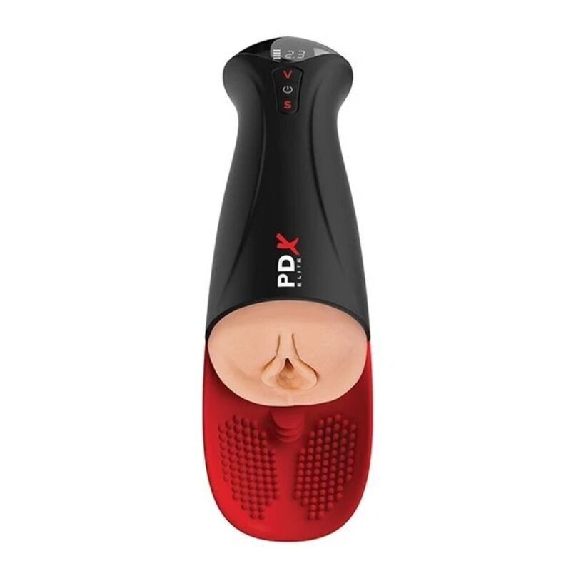 PDX Elite Fuck-O-Matic Pro XL en vista frontal, negro y rojo, con abertura color piel y botones visibles.