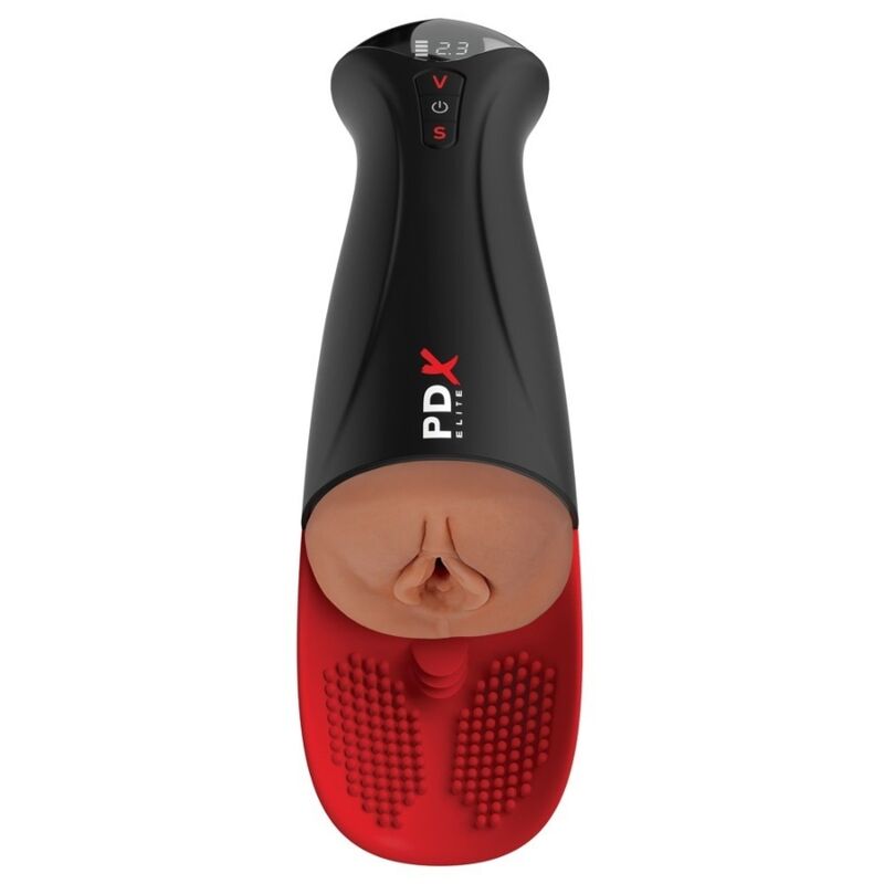 Masturbador automático PDX Elite en negro y rojo, vista frontal con apertura color carne.