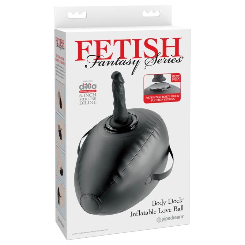 Caja del producto Fetish Fantasy Series con Body Dock hinchable negro y dildo integrado.