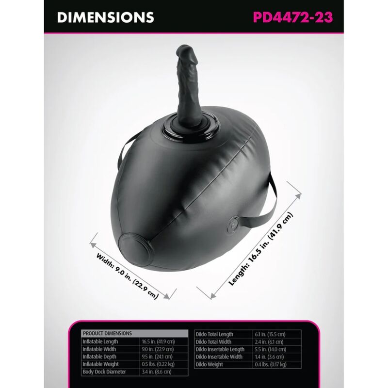 Guía de dimensiones del FETISH FANTASY SERIES Body Dock hinchable negro con dildo integrado.