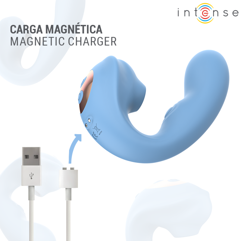 Detalle del estimulador azul Intense High Tech con carga magnética y cable USB.