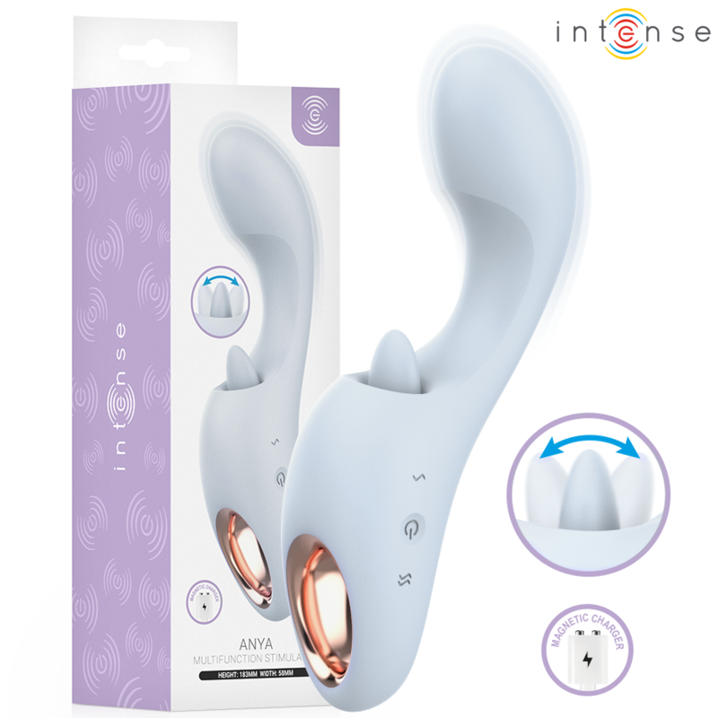 Caja del producto INTENSE AnyA con vibrador azul claro y detalles ilustrados de carga magnética.