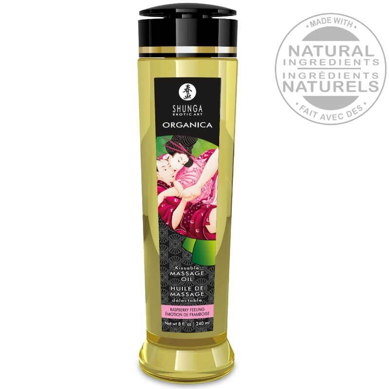 Aceite de masaje Shunga Organica frambuesa en botella frontal con tapón negro.