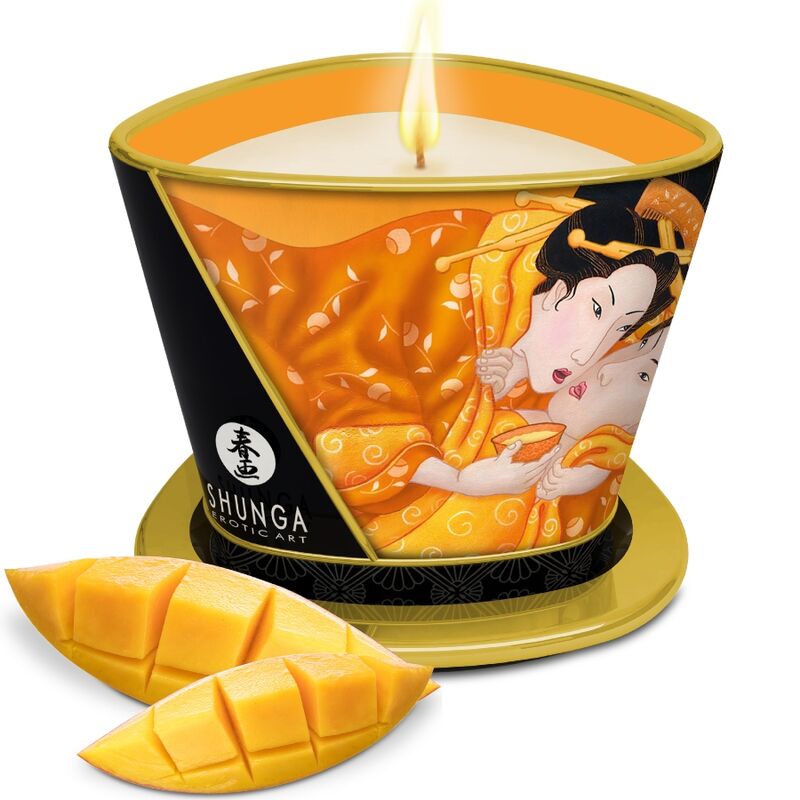 Vela de masaje Shunga Mango en lata decorativa, con trozos de mango.