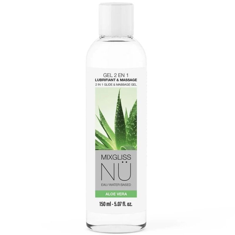 MIXGLISS NÜ gel 2 en 1 con aloe vera, en botella blanca de 150 ml.