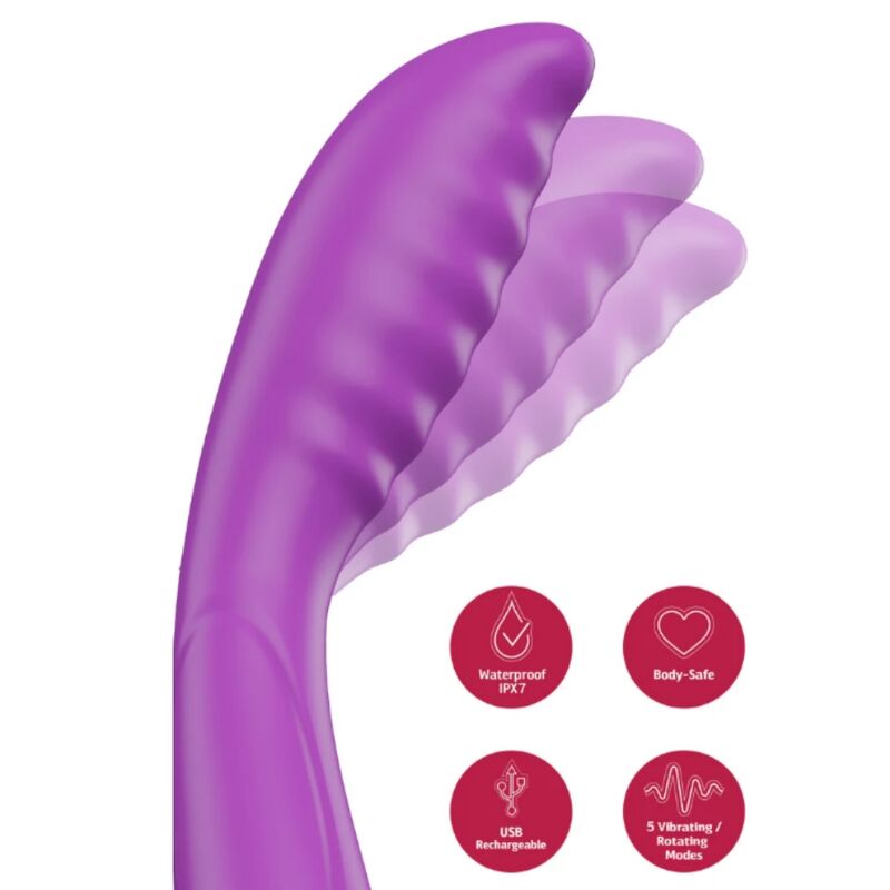 She.E.O Tapping vibrador para punto G morado, con diseño curvo y efecto de movimiento.