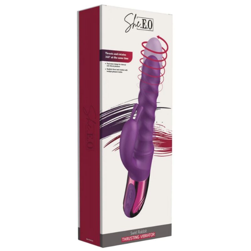 Caja del producto She.E.O Swirl Rabbit Vibrator morada, vista frontal y lateral.