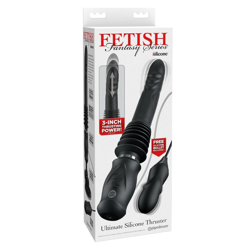 Caja del Fetish Fantasy Series Ultimate Silicone Thruster, con el dispositivo negro ilustrado en el frontal.