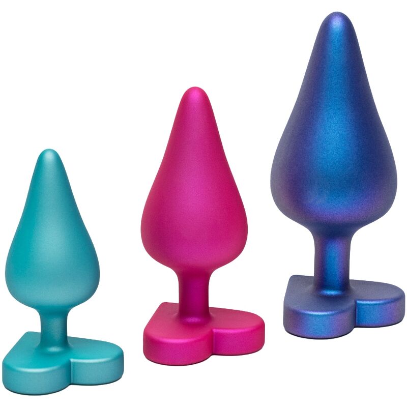 Kit anal ROMP Luster de 3 piezas en turquesa, rosa e iridiscente azul, con base en forma de corazón.