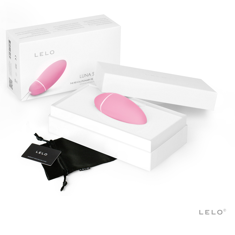 LELO LUNA Smart Bead púrpura con caja del producto abierta y bolsa negra.