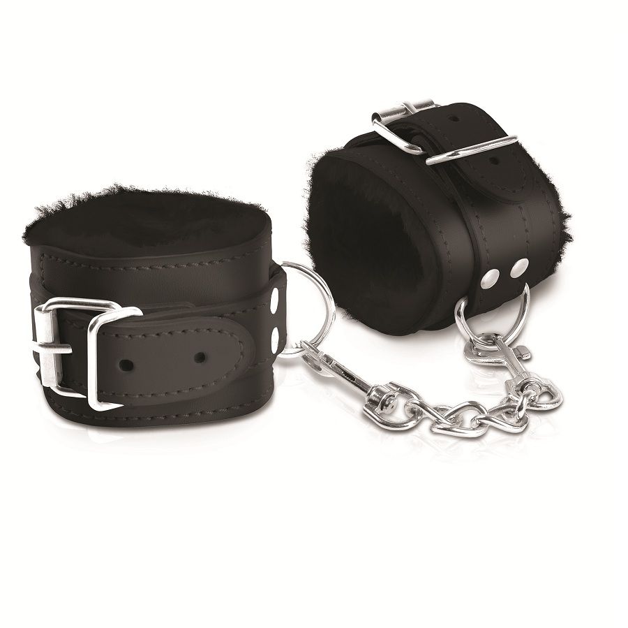 Fetish Fantasy Cumfy Cuffs, esposas acolchadas negras unidas por cadena.