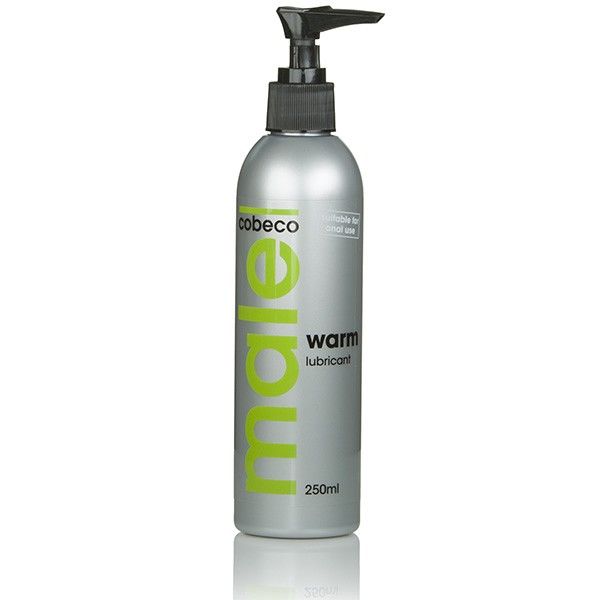 COBECO - MALE lubricante cálido en botella plateada con dosificador.