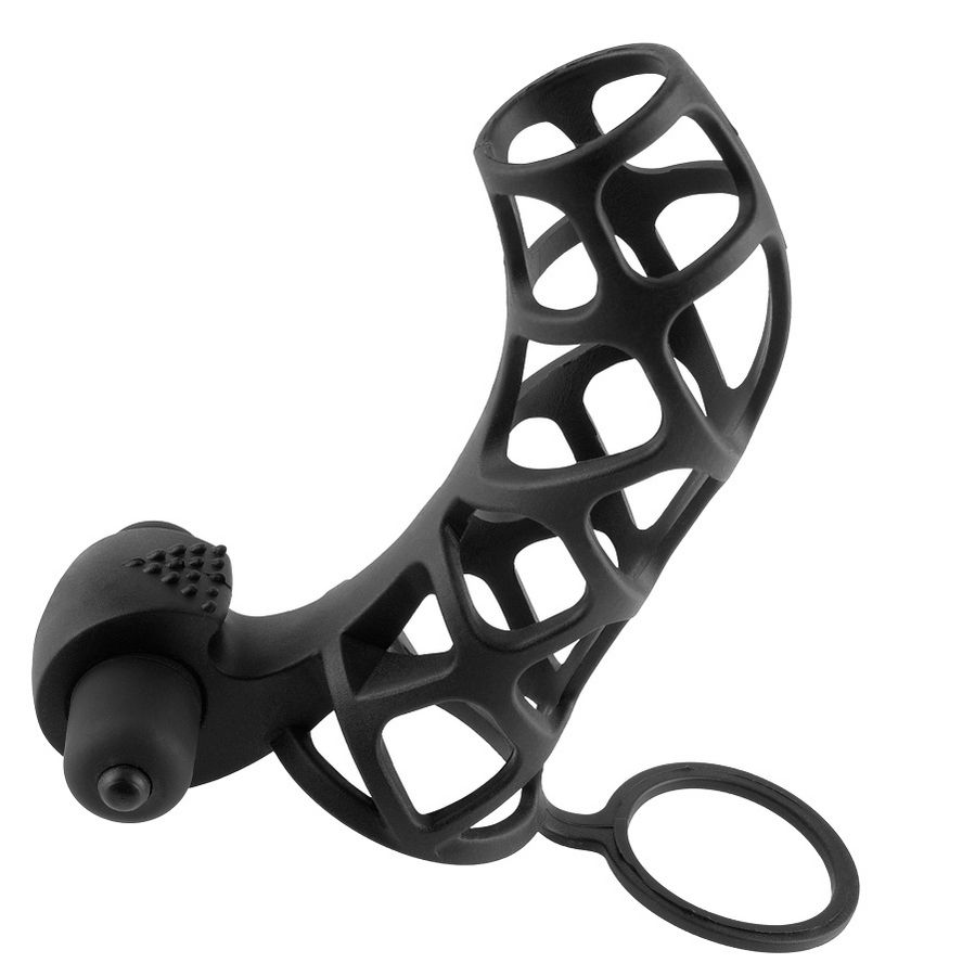 Funda para el pene Fantasy X-Tensions negra con vibrador y diseño calado.