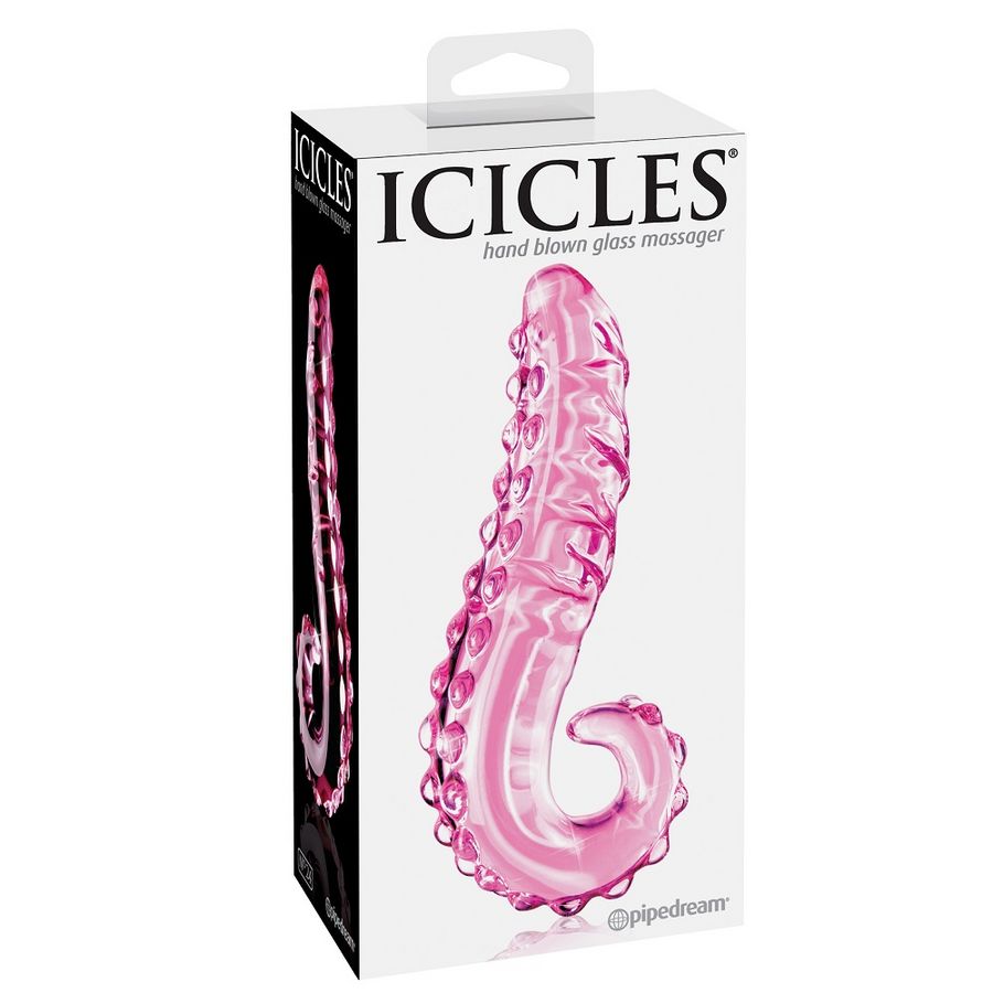 Caja del producto ICICLES No. 24 con masajeador de vidrio rosa en el frontal.