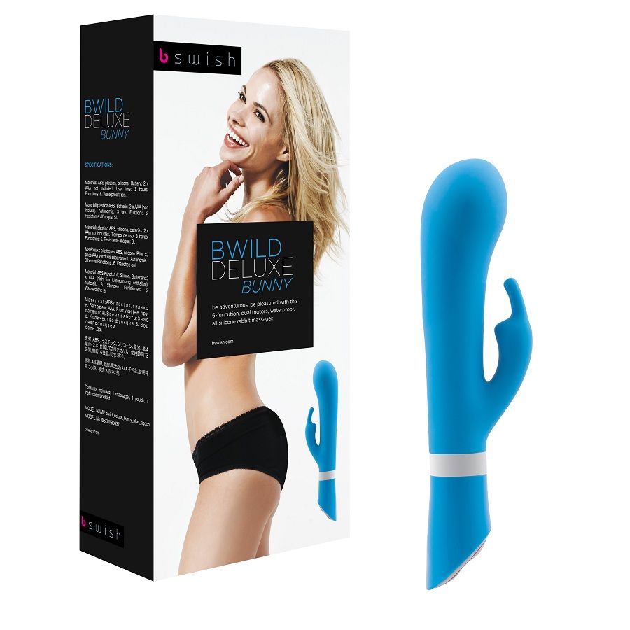 Vibrador rabbit B Swish Bwild Deluxe Bunny azul junto a su caja del producto.