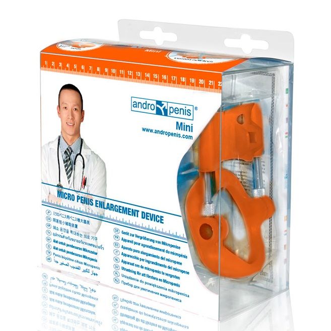 Caja del producto Andro Penis Mini con dispositivo naranja visible tras la ventana frontal.