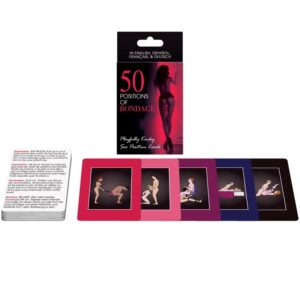 KHEPER GAMES Bondage Positions Cards en caja, con cinco cartas ilustradas desplegadas.