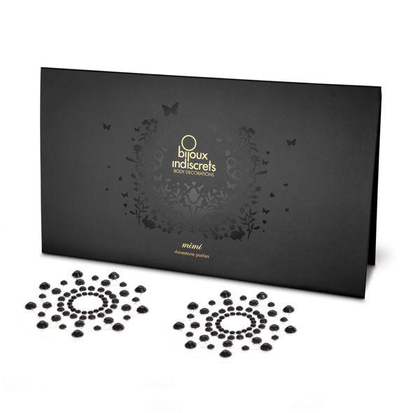 BIJOUX JEWELRY Indiscrets Mimi: cobertores para pezones negros con detalle de strass y su caja del producto.