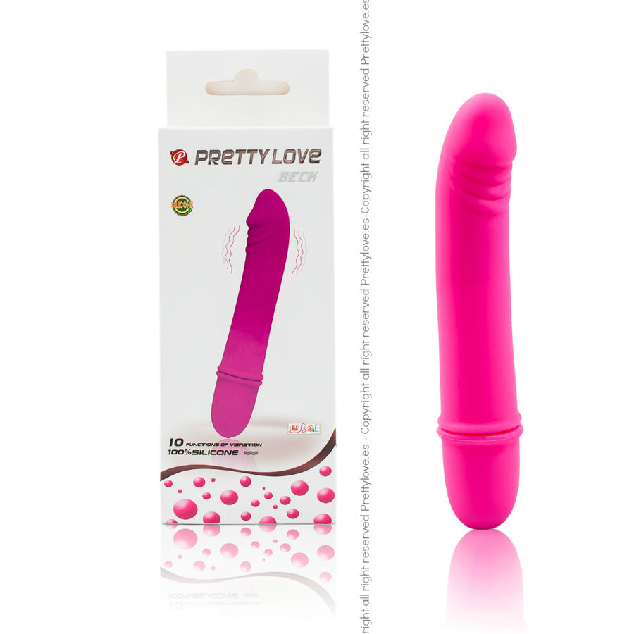 Vibrador mini Pretty Love Beck rosa con su caja del producto.
