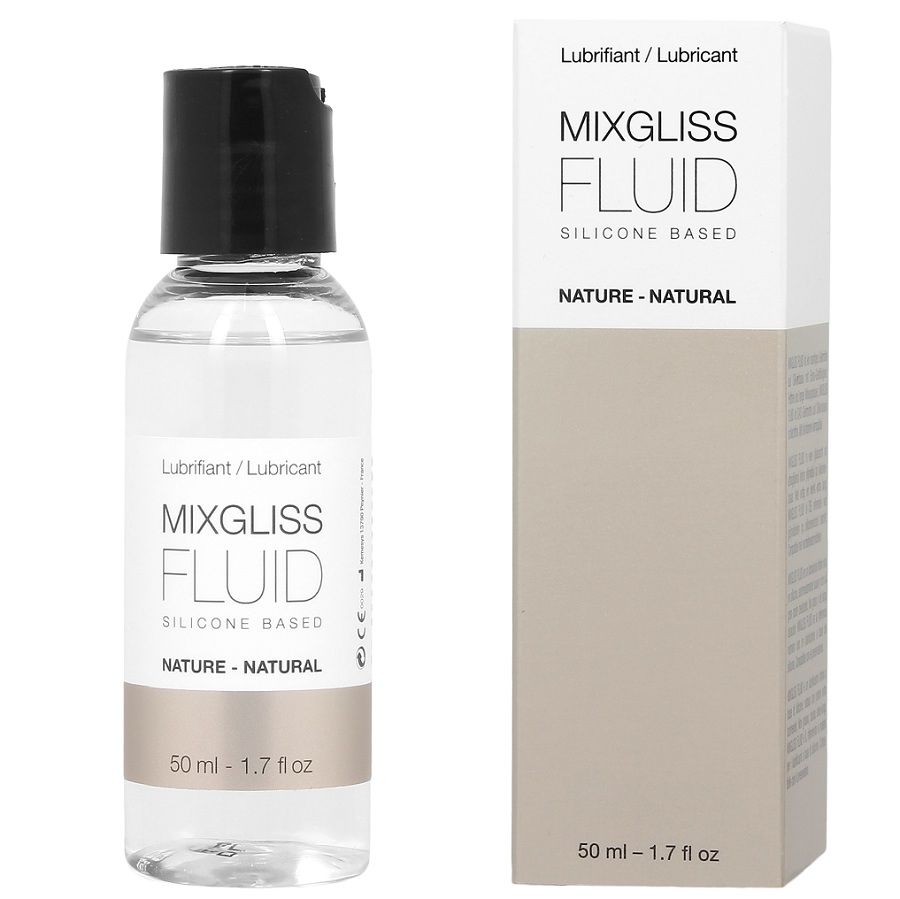 Lubricante MIXGLISS Fluid de base de silicona, con frasco y caja del producto.