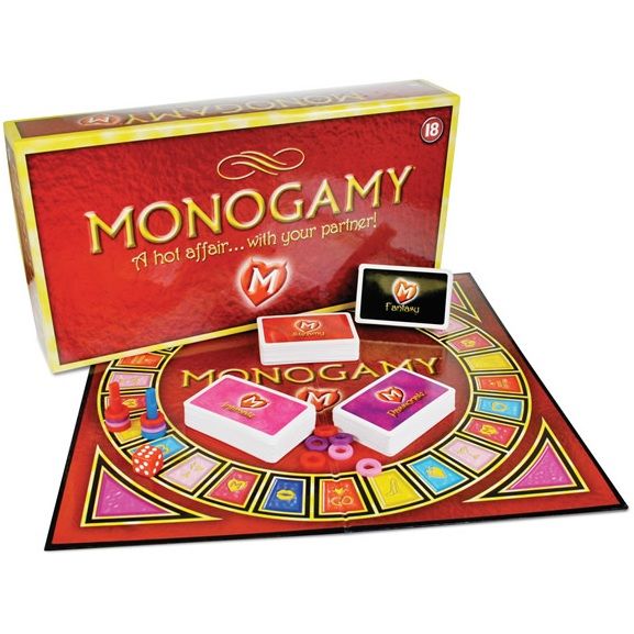 Juego de mesa MONOGAMY con caja roja, tablero y cartas visibles