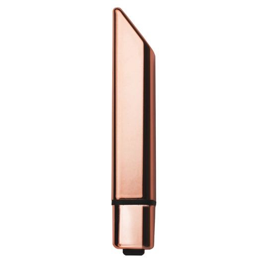 Vibrador ROCKS-OFF Bamboo Gold en vista frontal, con acabado rosa dorado y base negra.
