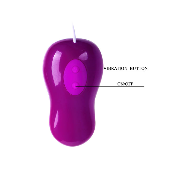Detalle del mando cableado morado de Pretty Love Avery con dos botones visibles.
