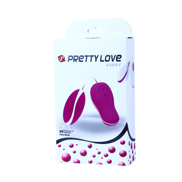 Caja del producto Pretty Love Avery con ilustración del huevo vibrador rosa.