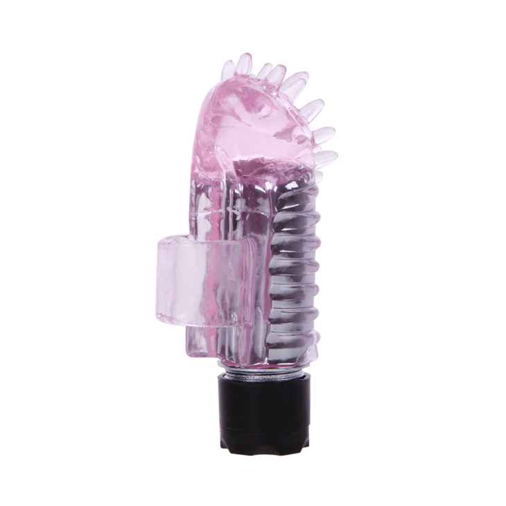 Mini vibrador de dedo BAILE STIMULATING rosa translúcido con textura lateral y base negra.