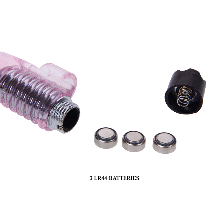 Detalle del mini vibrador de dedo BAILE STIMULATING con tres pilas LR44 y el compartimento abierto