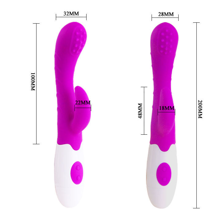 Guía de medidas del vibrador Pretty Love Flirtation Arthur en morado y blanco, con dos vistas y cotas en milímetros.