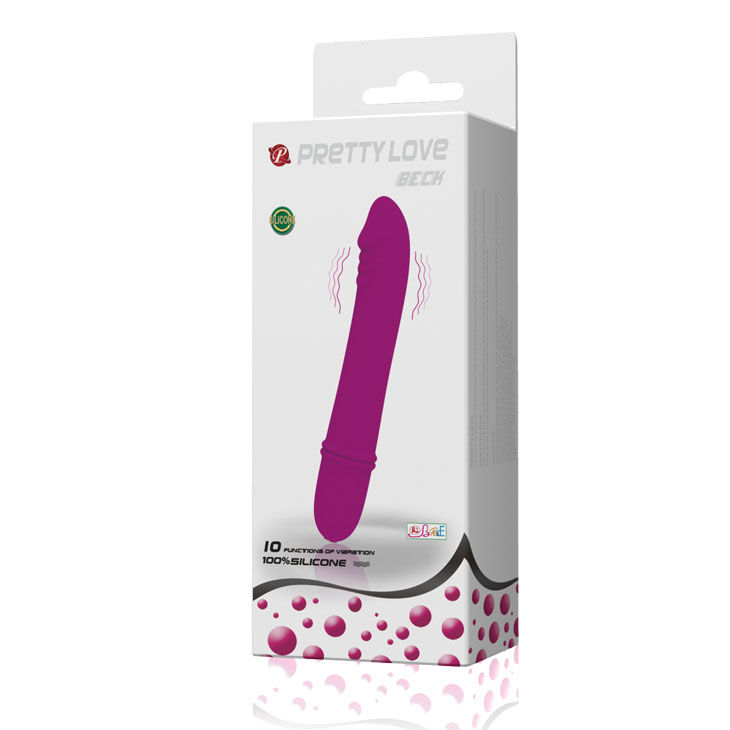 Caja del producto Pretty Love Beck con ilustración de mini vibrador lila.