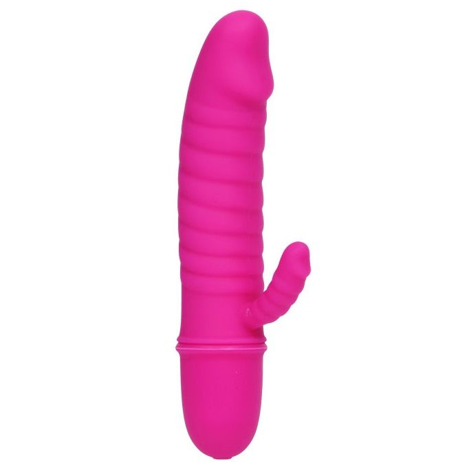 Detalle del mini vibrador Pretty Love Flirtation Arnd en color rosa, con textura acanalada y saliente lateral.