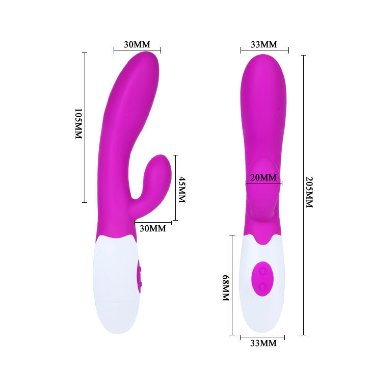 Guia de medidas del vibrador Pretty Love Flirtation en rosa y blanco, con vista frontal y lateral y medidas en milimetros.