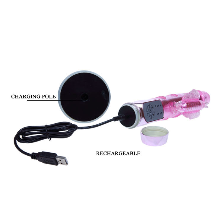 BAILE Rotations Rabbit en detalle, con cable USB y base de carga magnética.